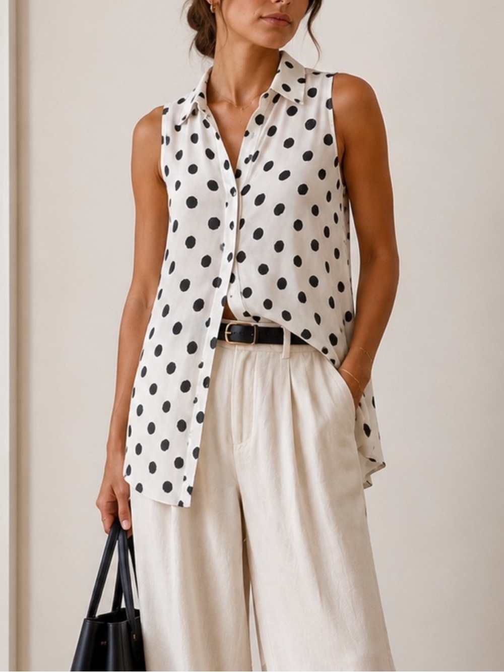 Cupio Black White Polka Dot Sleeveless Longline Tunic Blouse Button Front